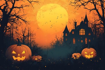 Fototapeta premium Spooky Halloween haunted house with jack o lanterns under a full moon pumpkin