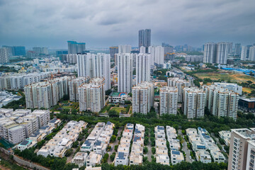 Aerial view of newly built villas and Apartment homes at at Financial district with in Hyderabad city a major Information technology and financial hub in India.