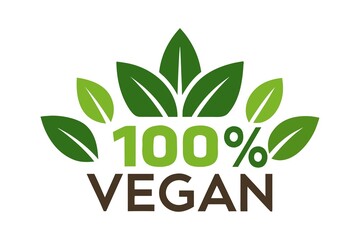 100 Percent Vegan Label with Green Leaves Symbolizing Natural Healthy and Plant Based Diet Choices