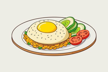 Illustration of Nasi Goreng with Fried Egg Cucumber Slices and Tomato Wedges on a Plate