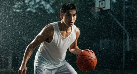 Determined young athlete dribbles basketball in heavy rain, showcasing resilience and passion for the game