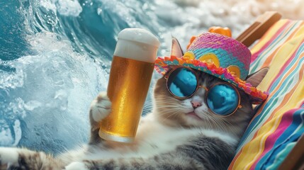 A cat in a colorful beach hat and round sunglasses, holding a tall beer, relaxing on a lounge chair while the waves crash on the shore.