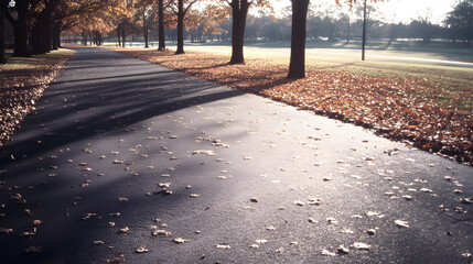Autumnal Road Fallen Leaves and Tree Shadows on a Paved Path