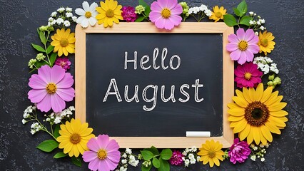Hello August greeting on a chalkboard framed by a vibrant mix of colorful late summer flowers like sunflowers and cosmos on a dark background.