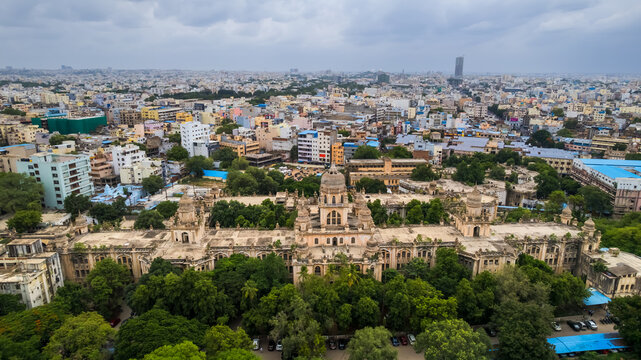 Aerial view of government Historic Osmania General hospital building in Hyderabad, one of the oldest hospitals in India built in 1919.