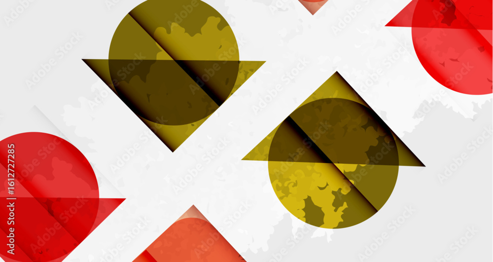 Poster abstract design features overlapping shapes, circles, squares. textured surfaces create visual inter