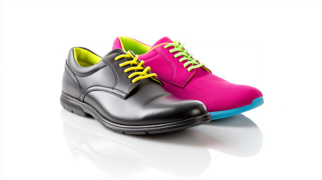 Work life balance concept shown with a pair of mismatched formal and casual shoes