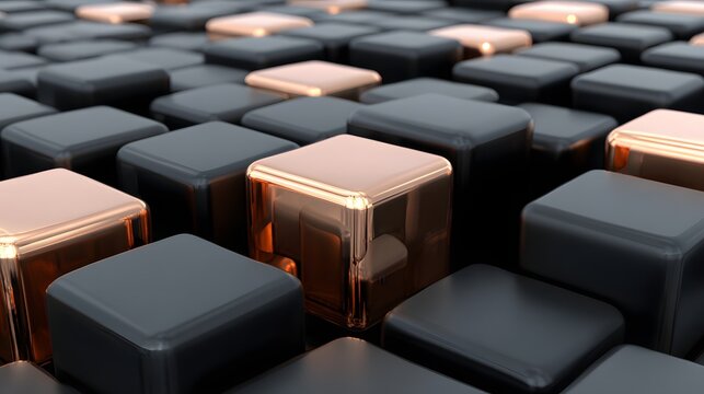Abstract geometric design of overlapping cubes in dark gray and rose gold.