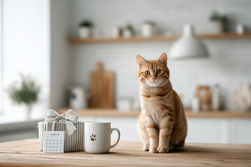 Ginger tabby cat perched on a wooden table beside a striped gift box, paw-print mug, and mini calendar showing August in a bright kitchen.
