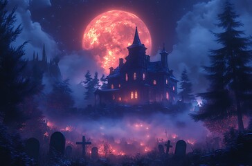 Spooky haunted mansion on a hill under a large red moon and graveyard haunted house cemetery