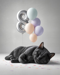 Black cat sleeping on a white surface scattered with pastel confetti, resting beside a cluster of pastel and silver 8 balloons.