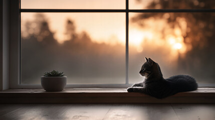 Tabby cat silhouette resting on a wooden windowsill beside a potted succulent against a warm golden sunset.