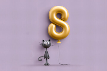 Cartoon black cat figure standing beside a large golden balloon shaped as number 8 on a pastel purple background.