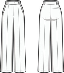 High waist wide leg trousers fashion flat sketch, vector technical drawing, front and back view, pants design illustration, CAD template
