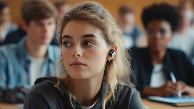 A focused female student in a classroom, wearing translation earbuds, gazes thoughtfully, surrounded by peers. The atmosphere is studious and contemplative, evoking a sense of learning and curiosity.