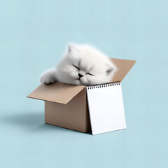 Sleeping white fluffy kitten resting in a cardboard box next to a blank spiral notebook on a pastel blue surface.