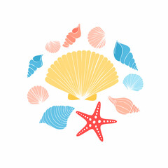 Vibrant Hand-Drawn Seashells and Starfish Collective Illustration in Vector Format on White Background, Suitable for Nautical Crafts, Stationery, and Marine Decor

