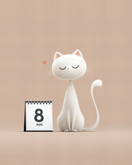 White stylized cat with closed eyes and a tiny heart beside a spiral desk calendar showing 8 Aug on a neutral beige background.