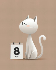 Stylized white cat looking up next to a desk calendar displaying 8 Aug against a neutral beige backdrop.