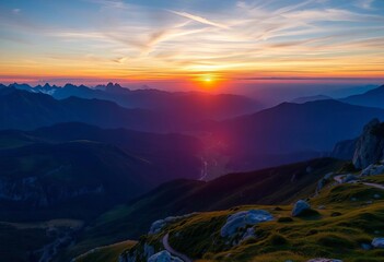 Breathtaking sunrise over majestic mountains and valleys, vibrant colors, peaceful atmosphere,  landscape,  art