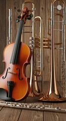 Naklejka premium A Collection of Orchestral Instruments on a Wooden Background