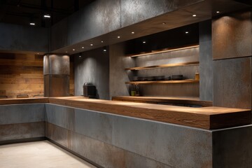 Industrial compact kitchen with oxidized metal panels reclaimed wood countertops accent downlights creating hard shadows and volumetric haze between