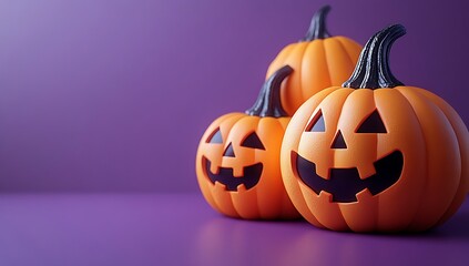 Three carved orange Halloween pumpkins with black stems on purple background jack-o-lantern