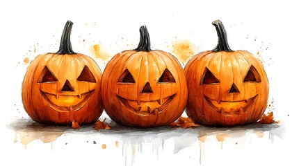 Three carved orange Halloween pumpkins with smiling faces on white background jack o lantern