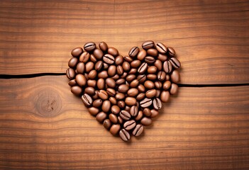 Roasted coffee beans artfully arranged in the shape of a heart on a rustic wooden surface,  beans,  romantic