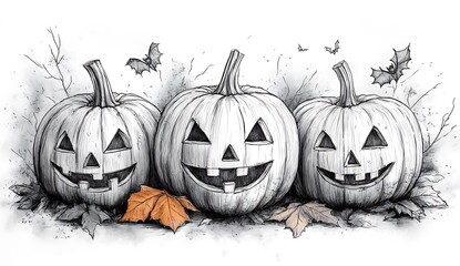Three carved pumpkins with spooky faces and bats flying around halloween jack o lantern