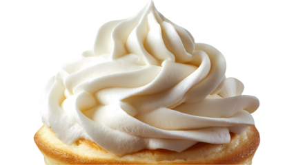 A close up of a pancake with a generous topping of whipped cream isolated on transparent background