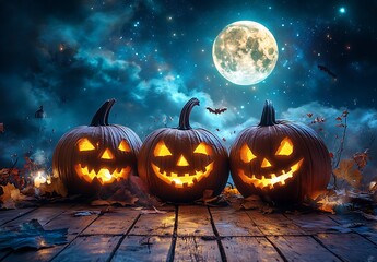 Three glowing jack o lanterns on wooden planks under a full moon halloween pumpkins