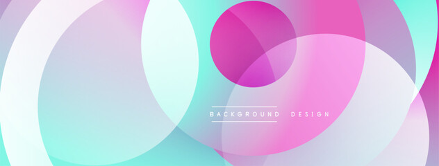 Abstract background features overlapping circles. Colors include pink, turquoise, purple, white gradients. Modern design element.