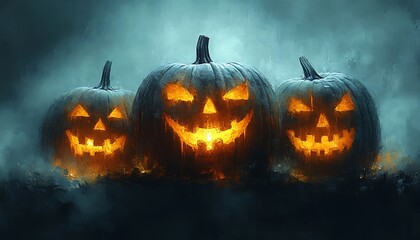 Three glowing jack o lanterns with carved faces in dark foggy atmosphere halloween pumpkin