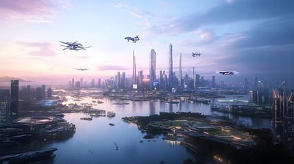 Futuristic cityscape emerges with flying vehicles at dawn for advanced urban development sci-fi innovation smart technology aerial transport modern skyline evolution concept.