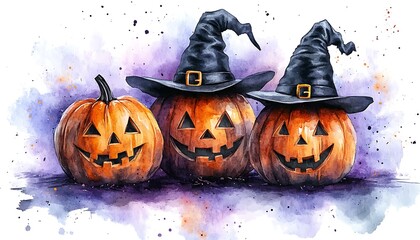 Three grinning jack o lanterns wearing black witch hats with watercolor splashes halloween