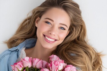 Fototapeta premium A smiling woman lying down with pink roses blonde hair and wearing a denim shirt