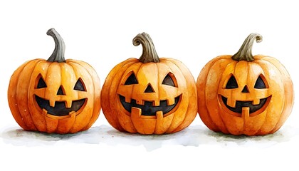 Three orange carved Halloween pumpkins with smiling faces on white background jack o lantern