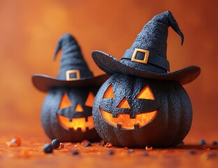 Two black jack o lanterns with witch hats and glowing orange insides halloween pumpkin