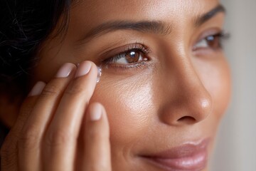 A woman applies eye cream