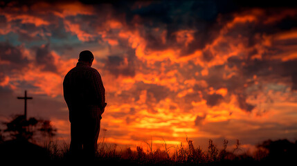 Man praying at cross silhouette at sunset seeking god faith and christianity hope and religion concept