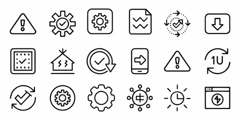 Warning icon set. Containing alert, caution, danger, error, hazard, notification, attention sign, exclamation mark, stop, notice and more. Editable line icons. Vector ...