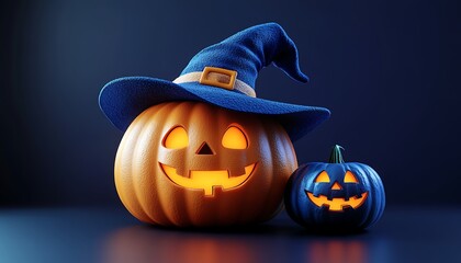 Two carved glowing Halloween pumpkins wearing a blue witch hat jack o lantern