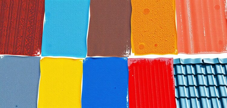 Various cool roof coatings samples isolated on white background,  eco-friendly,  texture