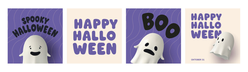 Set of square Halloween posters featuring 3D cartoon ghosts with fun text like Spooky Halloween and Boo. Cute, festive design for social media, flyers, and seasonal visual content. Vector