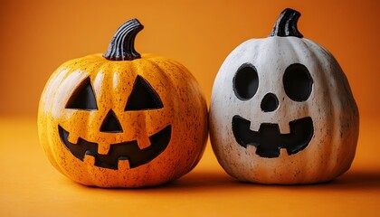 Two carved pumpkins one orange one white on orange background halloween jack o lantern