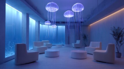 Jellyfish aquarium-themed room with floating light fixtures ocean gradient walls cool ambient LED lighting and translucent textures light bloom