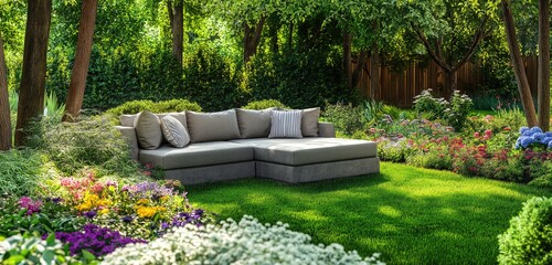 A cozy outdoor patio with a plush gray sofa surrounded by lush green grass, colorful flower beds, and tall trees providing shade, creating the perfect relaxing retreat.