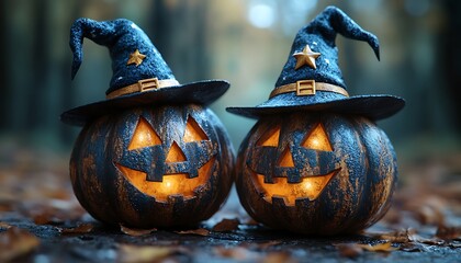 Two glowing carved Halloween pumpkins wearing witch hats on forest floor jack o lantern