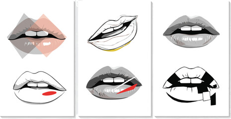 Create a Abstract Lips close up. Simple vector art. Minimalistic vector portraits. Fine Art. Set of vector art with white background.